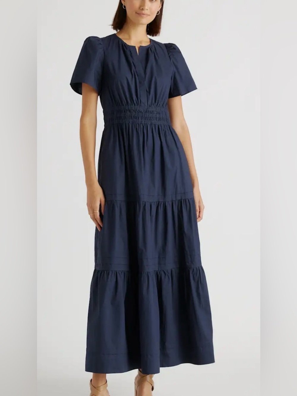 Quince Navy 100% Organic Cotton Poplin Tiered Maxi DRESS Sz Small Quiet Luxury